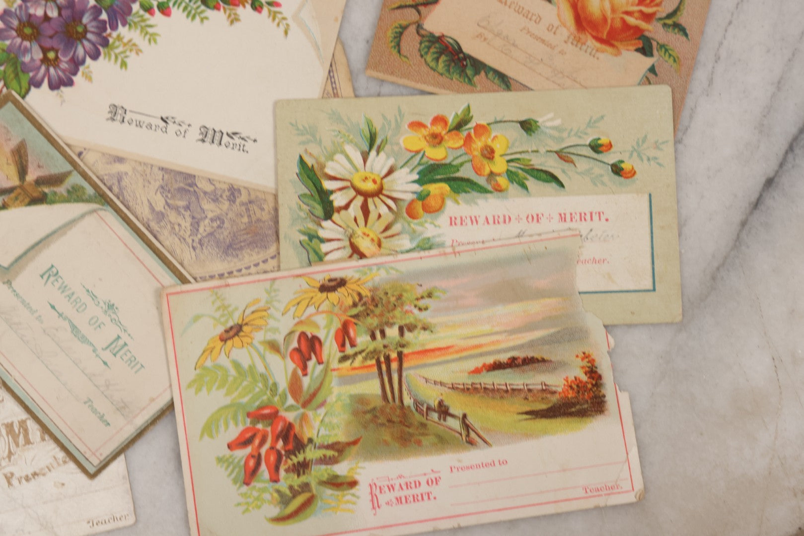 Lot 142 - Grouping Of 45+ Antique Rewards Of Merit With Chromolithograph Designs And Handwritten Inscriptions