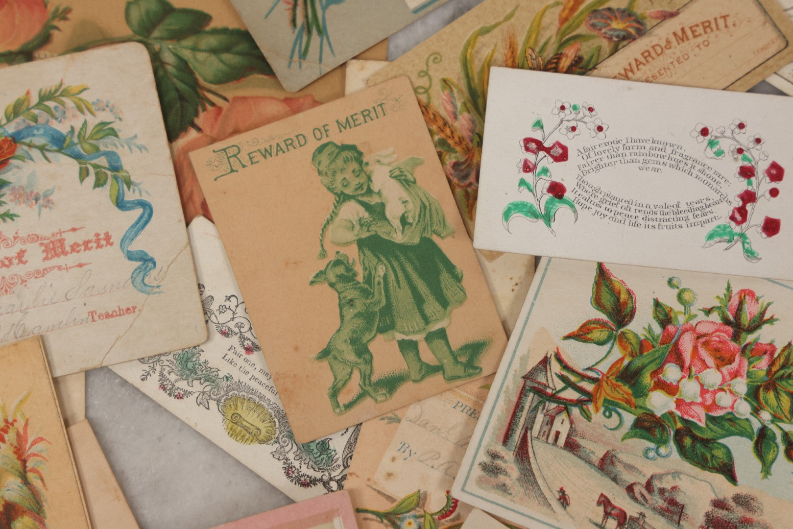 Lot 142 - Grouping Of 45+ Antique Rewards Of Merit With Chromolithograph Designs And Handwritten Inscriptions