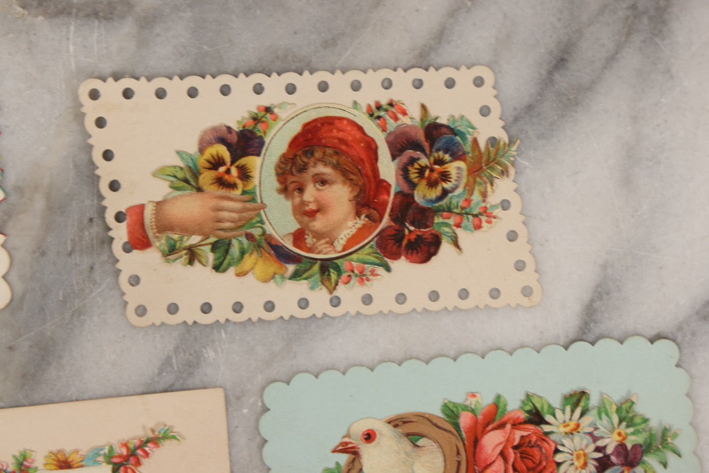 Lot 143 - Grouping Of 14 Antique Die Cut Chromolithograph Calling Cards With Hand, Bird, And Floral Motifs