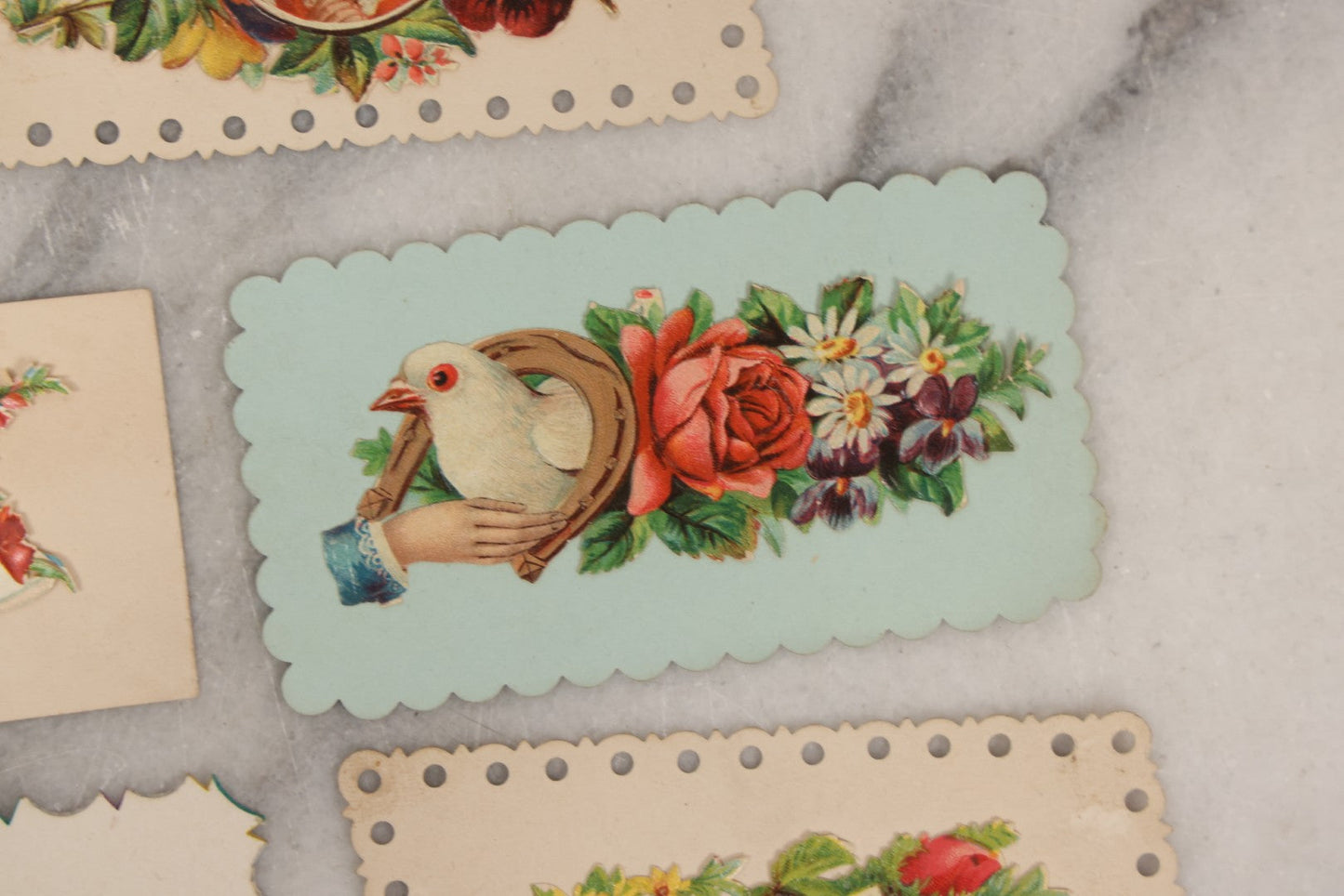 Lot 143 - Grouping Of 14 Antique Die Cut Chromolithograph Calling Cards With Hand, Bird, And Floral Motifs