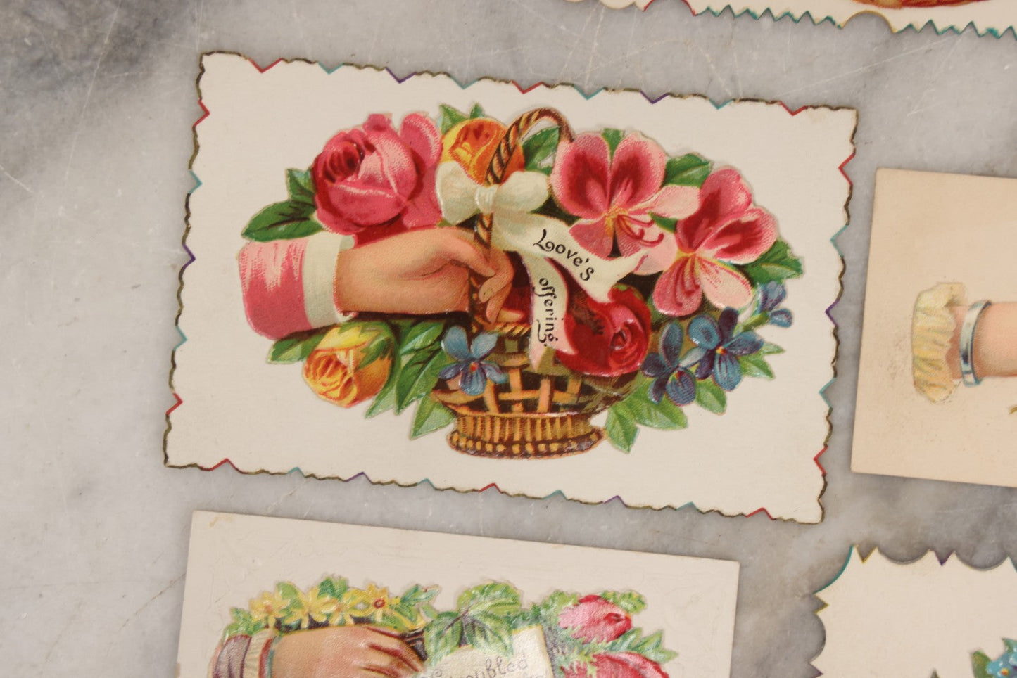 Lot 143 - Grouping Of 14 Antique Die Cut Chromolithograph Calling Cards With Hand, Bird, And Floral Motifs