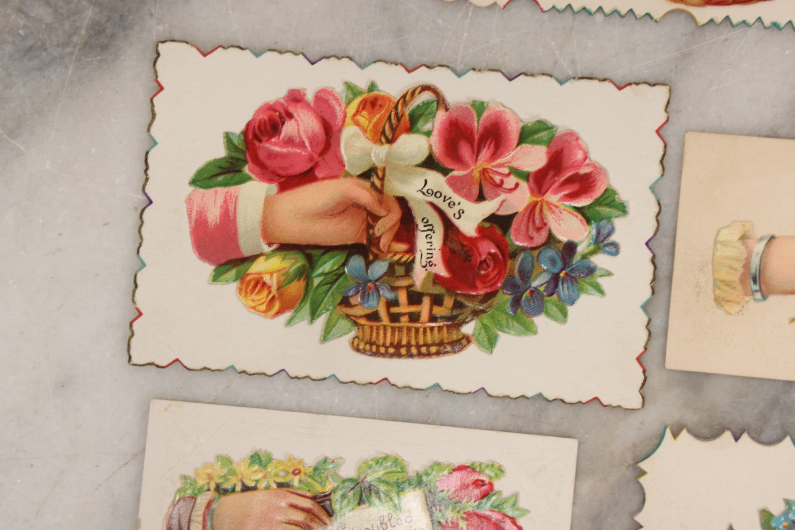 Lot 143 - Grouping Of 14 Antique Die Cut Chromolithograph Calling Cards With Hand, Bird, And Floral Motifs