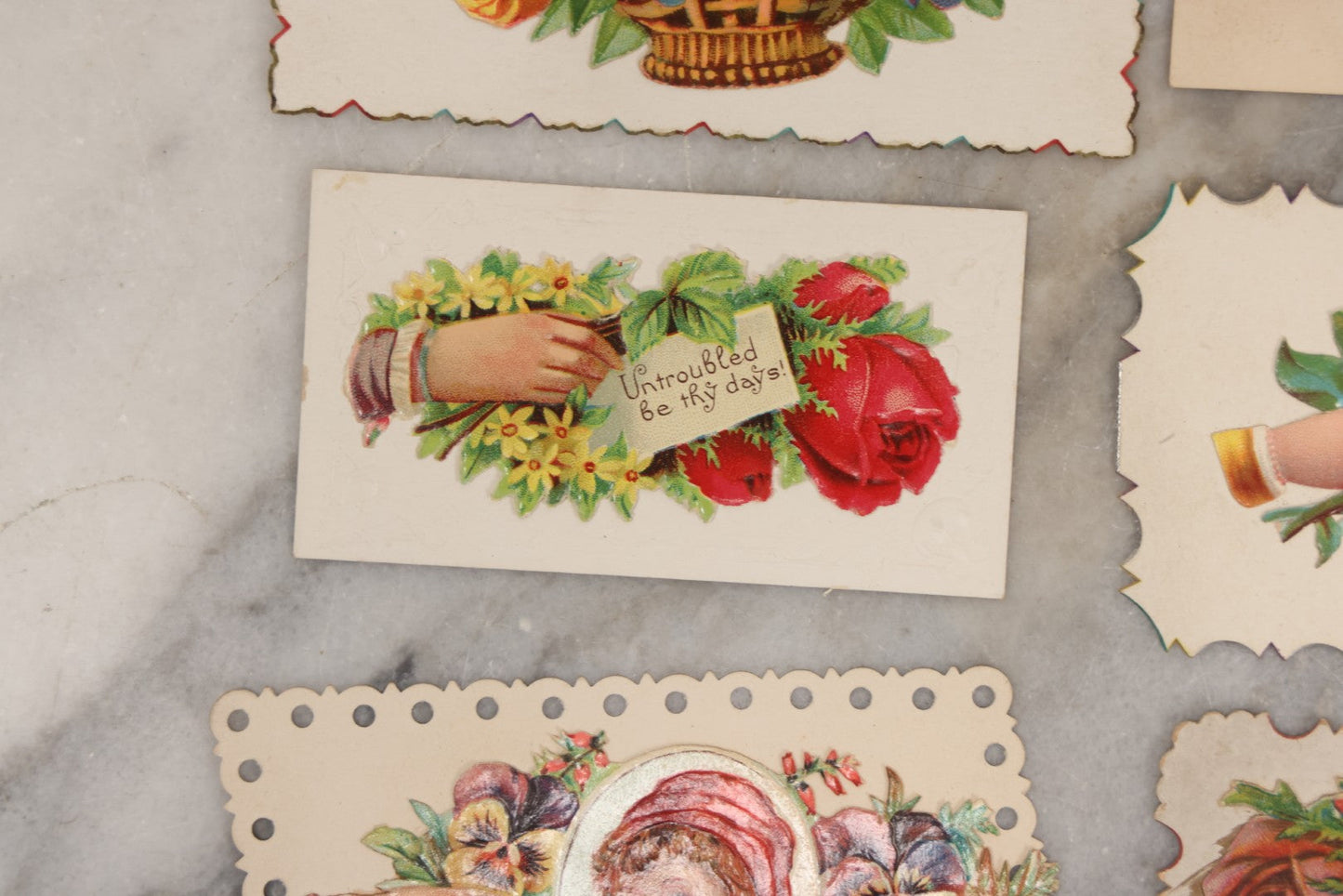 Lot 143 - Grouping Of 14 Antique Die Cut Chromolithograph Calling Cards With Hand, Bird, And Floral Motifs