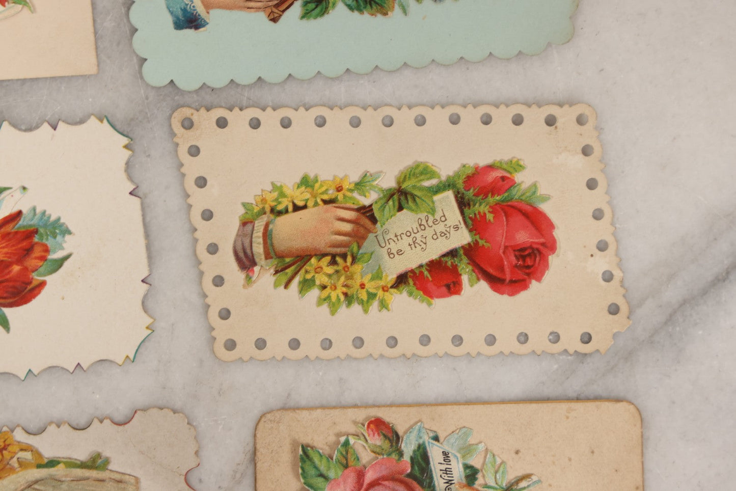Lot 143 - Grouping Of 14 Antique Die Cut Chromolithograph Calling Cards With Hand, Bird, And Floral Motifs