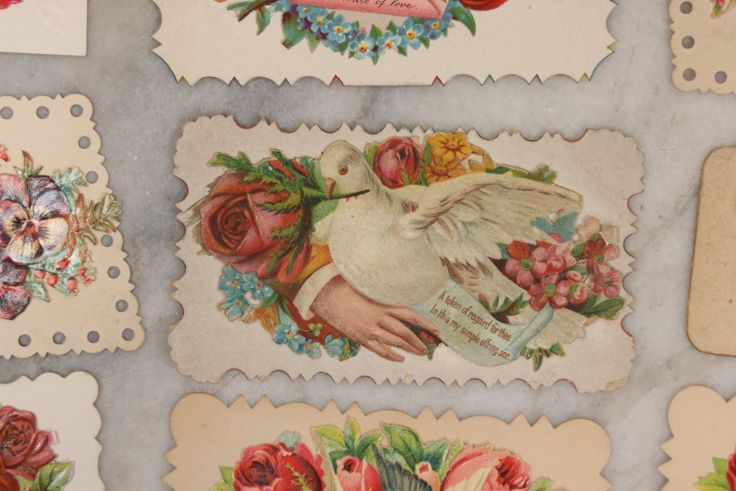 Lot 143 - Grouping Of 14 Antique Die Cut Chromolithograph Calling Cards With Hand, Bird, And Floral Motifs