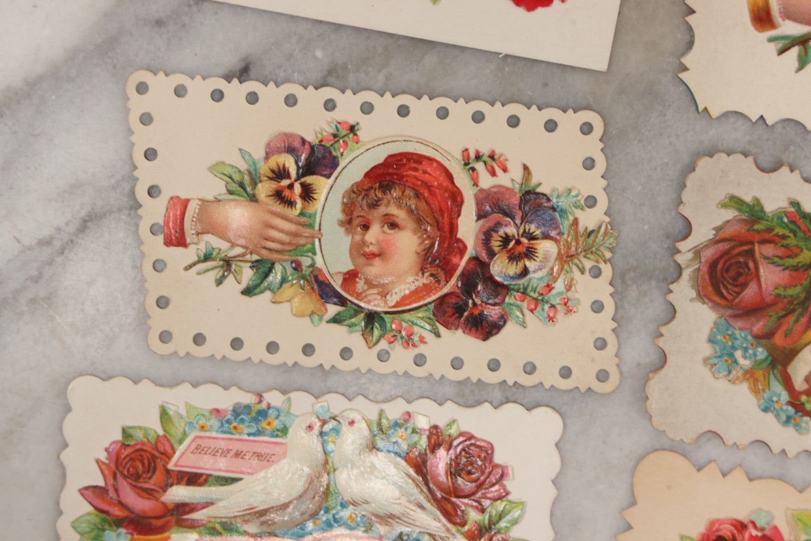 Lot 143 - Grouping Of 14 Antique Die Cut Chromolithograph Calling Cards With Hand, Bird, And Floral Motifs