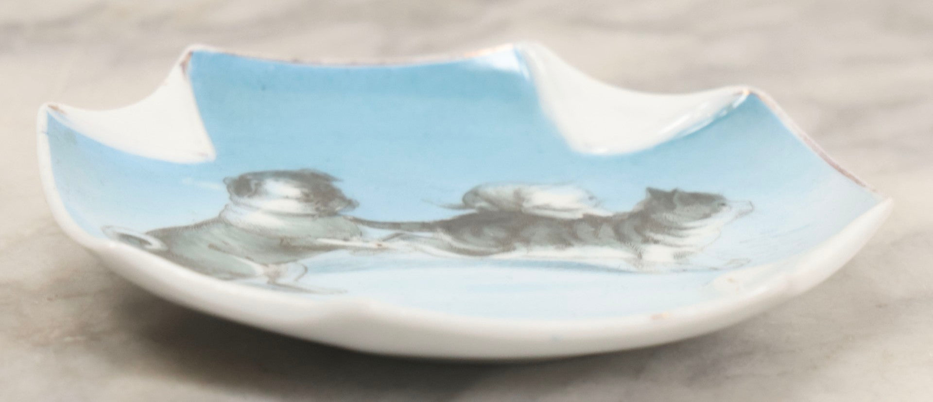 Lot 154 - Antique Transferware Plate With Bulldog, Cat, And Kitten Scene, Folded Corner Form, 4-3/4" x 4-3/4"
