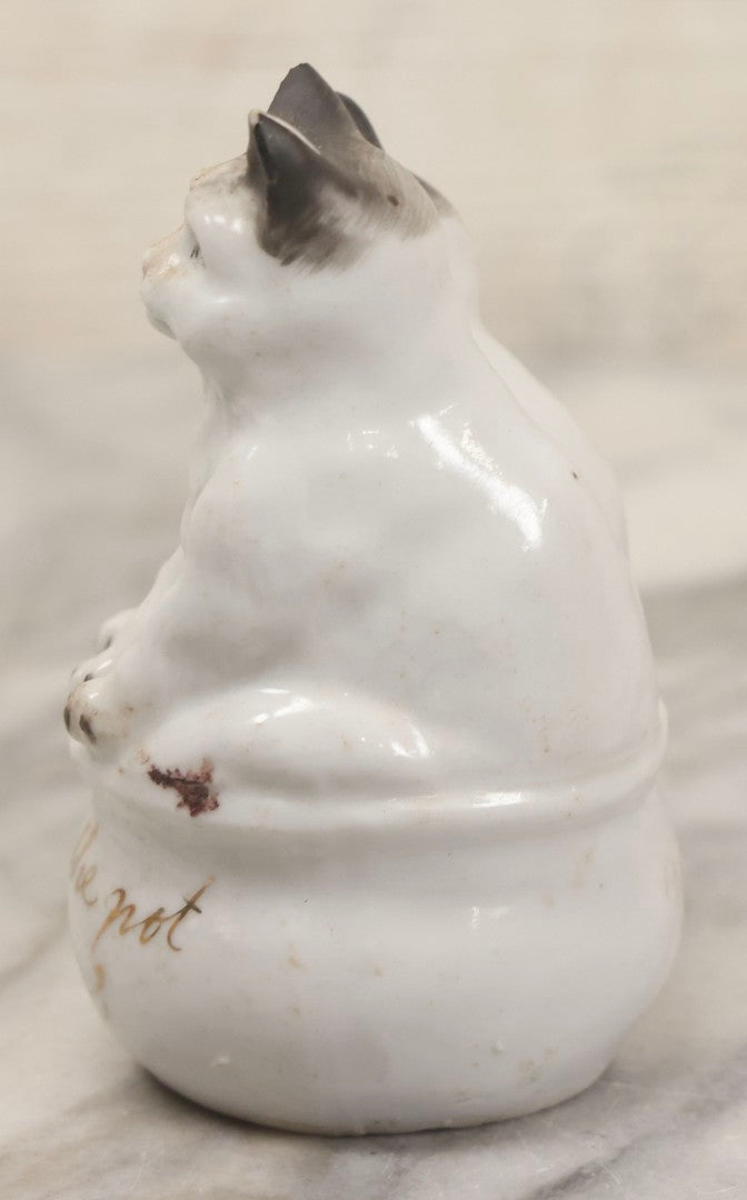 Lot 155 - Antique Porcelain Figure Of Two Cats On Cup, "Dividing The Pot" Gilt Lettering, 3-3/4" H