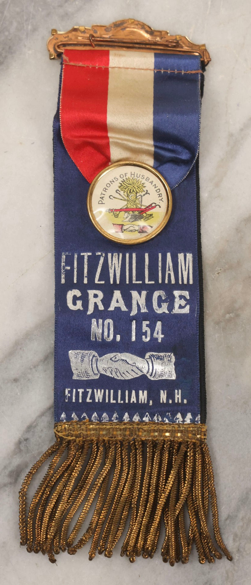 Lot 161 - Antique Patrons Of Husbandry P.H. Fitzwilliam, New Hampshire Grange No. 154 In Memoriam Fraternal Ribbon With Pin And Fringe, 8" H