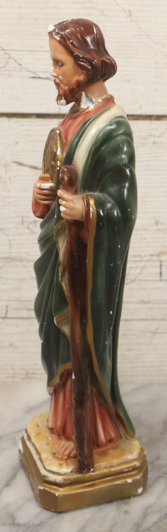 Lot 164 - Vintage Painted Plaster Statue Of St. Jude Holding Medallion, Made In Italy, 11-3/4" H