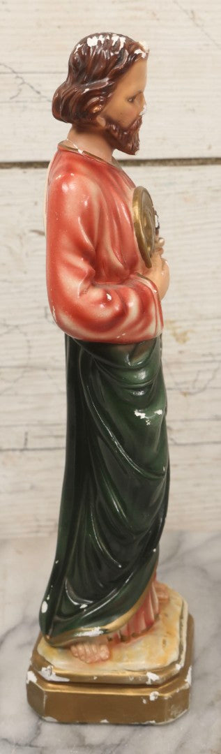 Lot 164 - Vintage Painted Plaster Statue Of St. Jude Holding Medallion, Made In Italy, 11-3/4" H