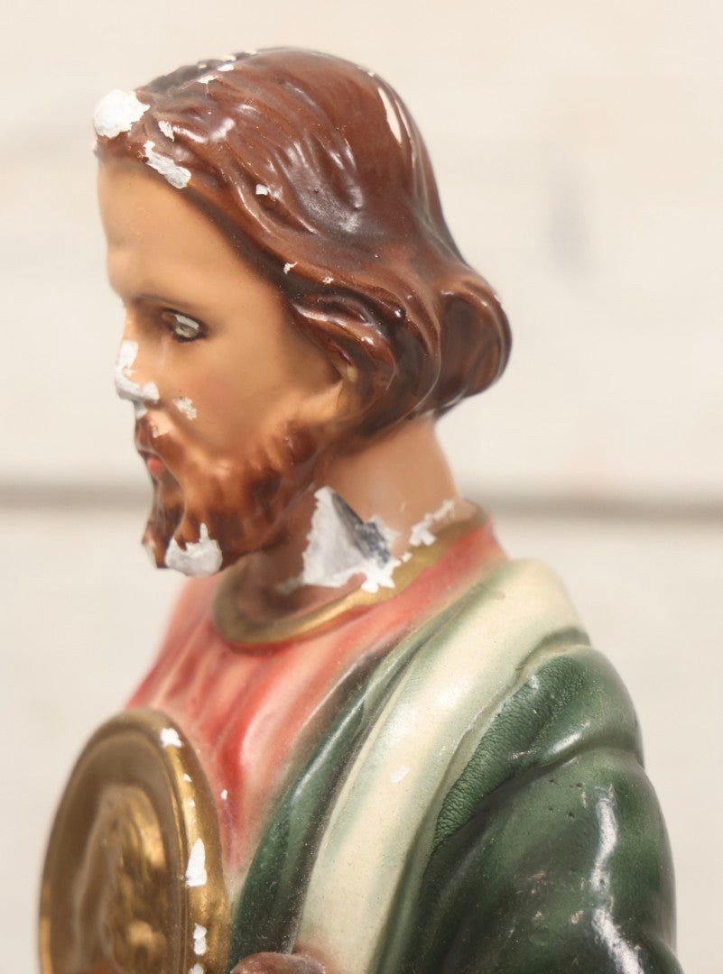 Lot 164 - Vintage Painted Plaster Statue Of St. Jude Holding Medallion, Made In Italy, 11-3/4" H