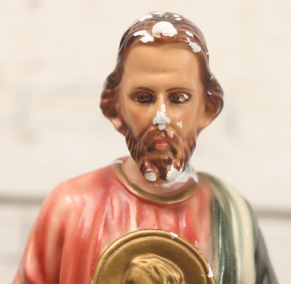 Lot 164 - Vintage Painted Plaster Statue Of St. Jude Holding Medallion, Made In Italy, 11-3/4" H