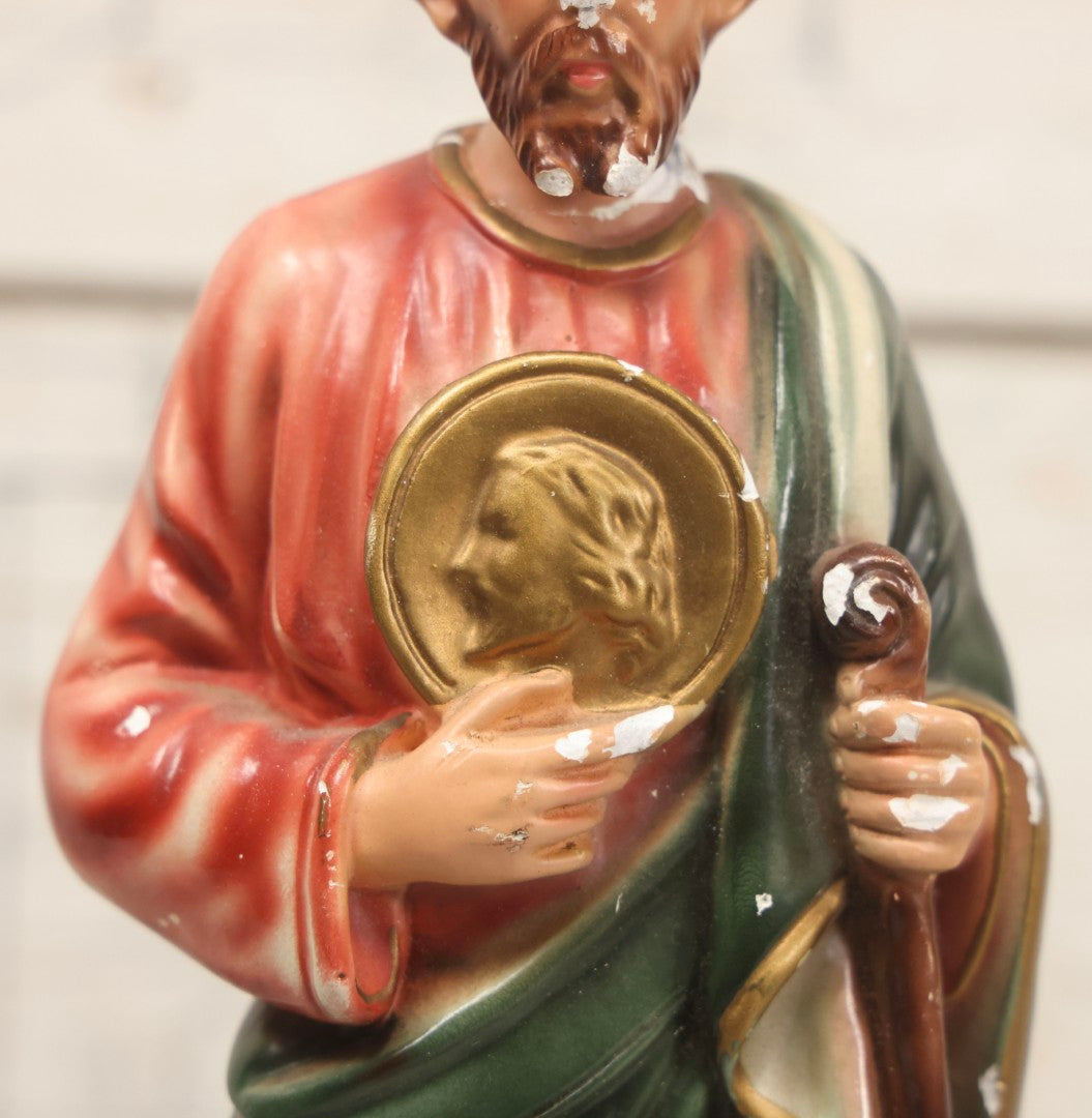 Lot 164 - Vintage Painted Plaster Statue Of St. Jude Holding Medallion, Made In Italy, 11-3/4" H