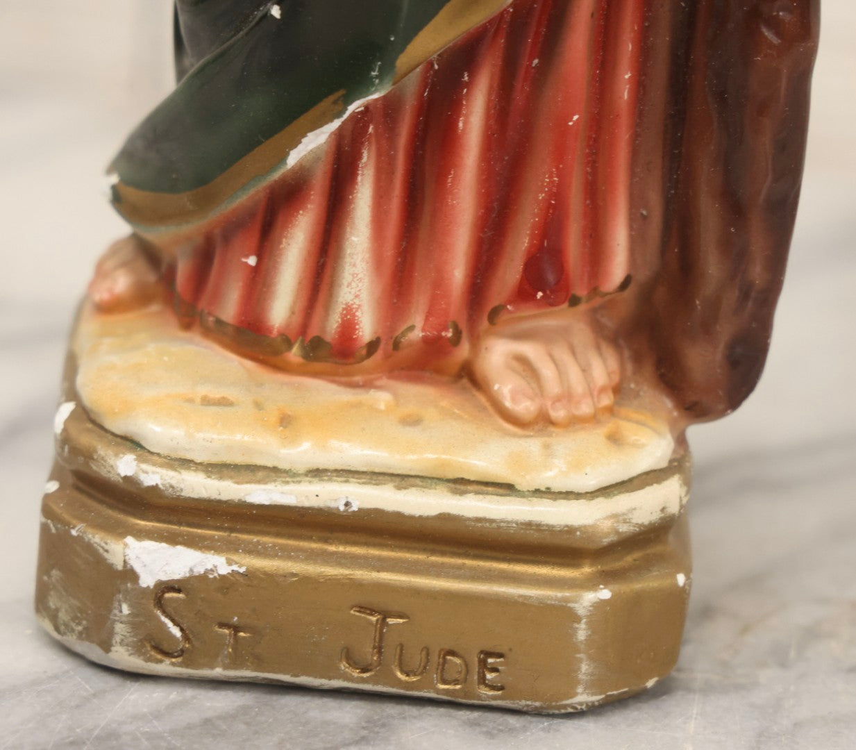 Lot 164 - Vintage Painted Plaster Statue Of St. Jude Holding Medallion, Made In Italy, 11-3/4" H