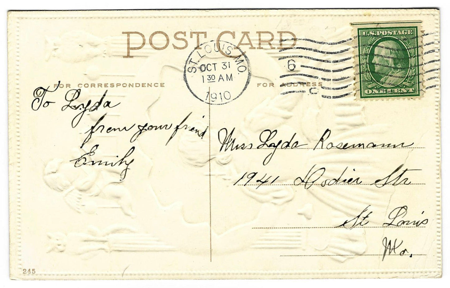 Lot 167 - Antique Embossed Halloween Postcard “Wishing You A Lucky Halloween” With Cupid, Mirror, And Black Cats, L.R. Conwell Copyright 1909, Postmarked 1910 St. Louis Mo, Written On Verso