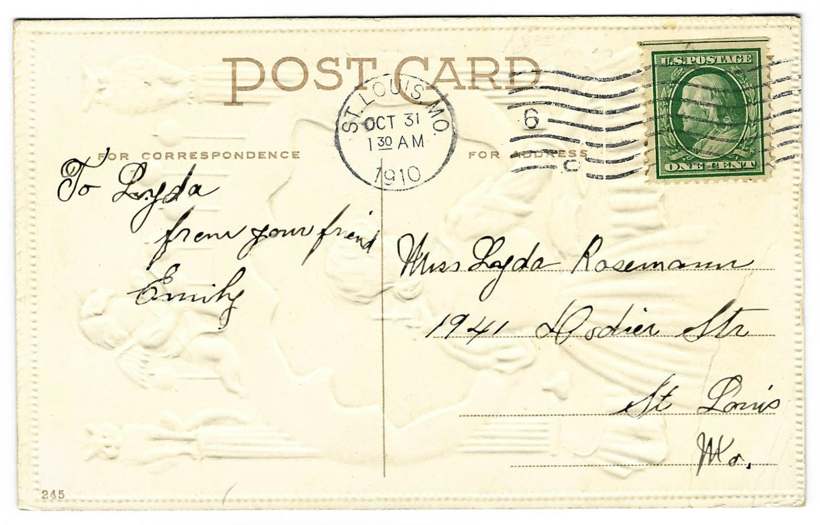 Lot 167 - Antique Embossed Halloween Postcard “Wishing You A Lucky Halloween” With Cupid, Mirror, And Black Cats, L.R. Conwell Copyright 1909, Postmarked 1910 St. Louis Mo, Written On Verso
