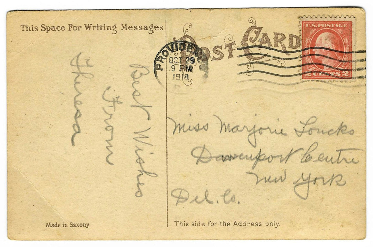 Lot 169 - Antique Halloween Postcard “A Happy Hallowe'en” With Bats, Jack-O'-Lanterns, And Ivy, Made In Saxony, Postmarked 1913 Providence Ri, Written On Verso