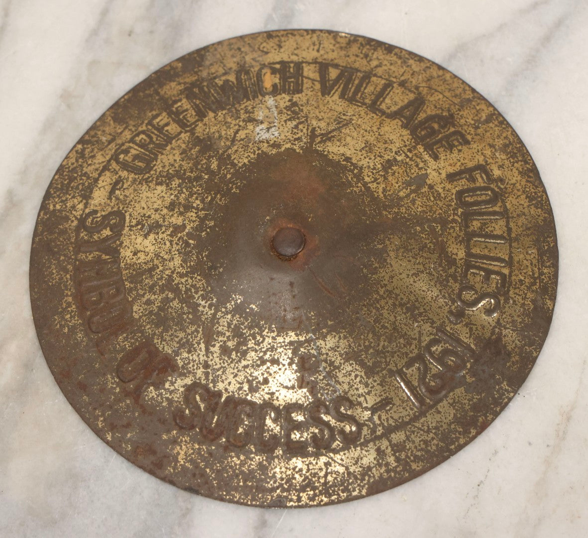 Lot 171 - Pair Of Antique Brass-Colored Tin Souvenir Cymbals From Greenwich Village Follies, 1921, "Symbol Of Success," 5-1/2" Diameter