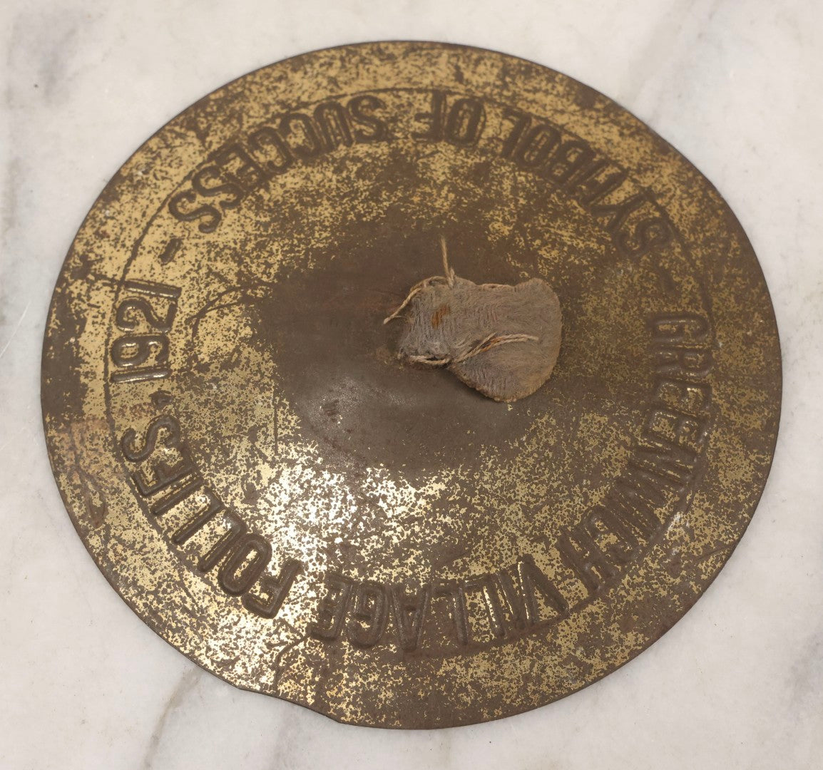 Lot 171 - Pair Of Antique Brass-Colored Tin Souvenir Cymbals From Greenwich Village Follies, 1921, "Symbol Of Success," 5-1/2" Diameter