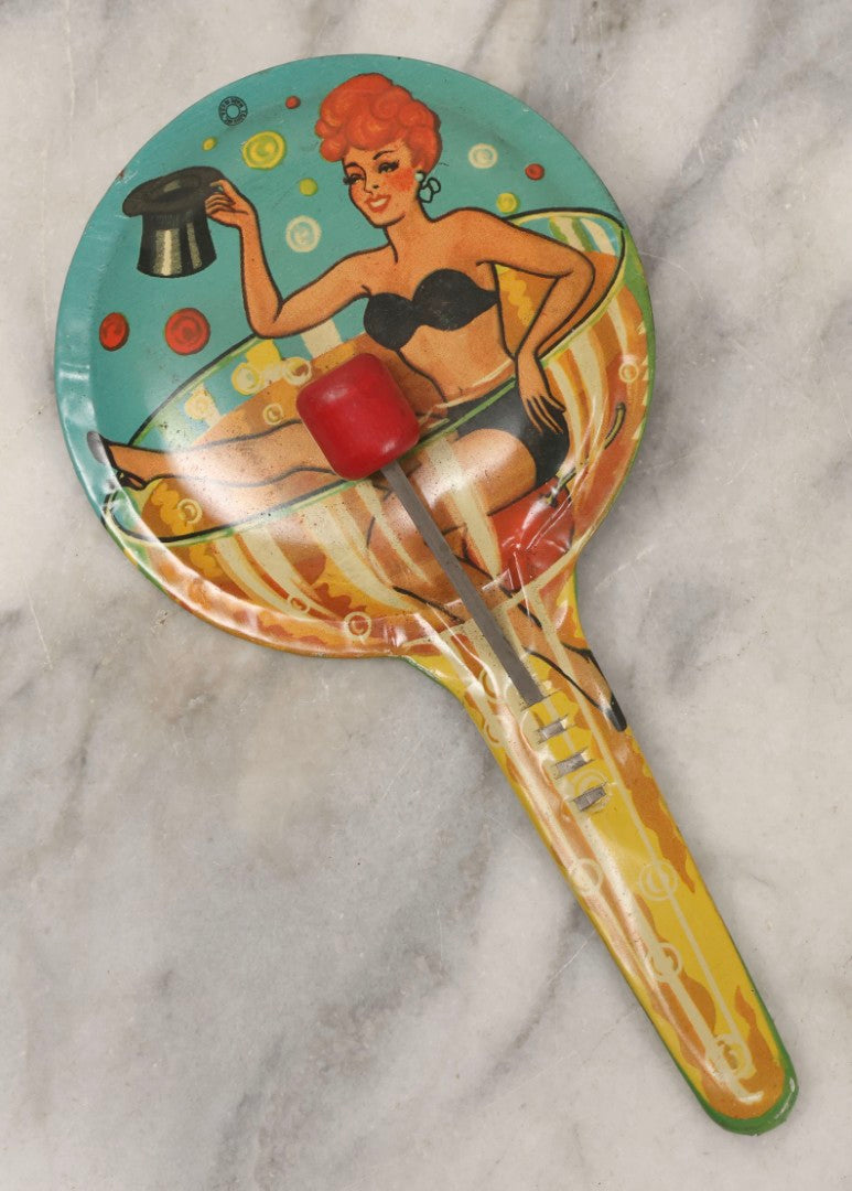 Lot 179 - Grouping Of Seven Vintage And Antique Tin Lithograph Noisemaker Toys Including Dancing Clowns, Woman In Martini Glass, Party Scenes, And Animal Top