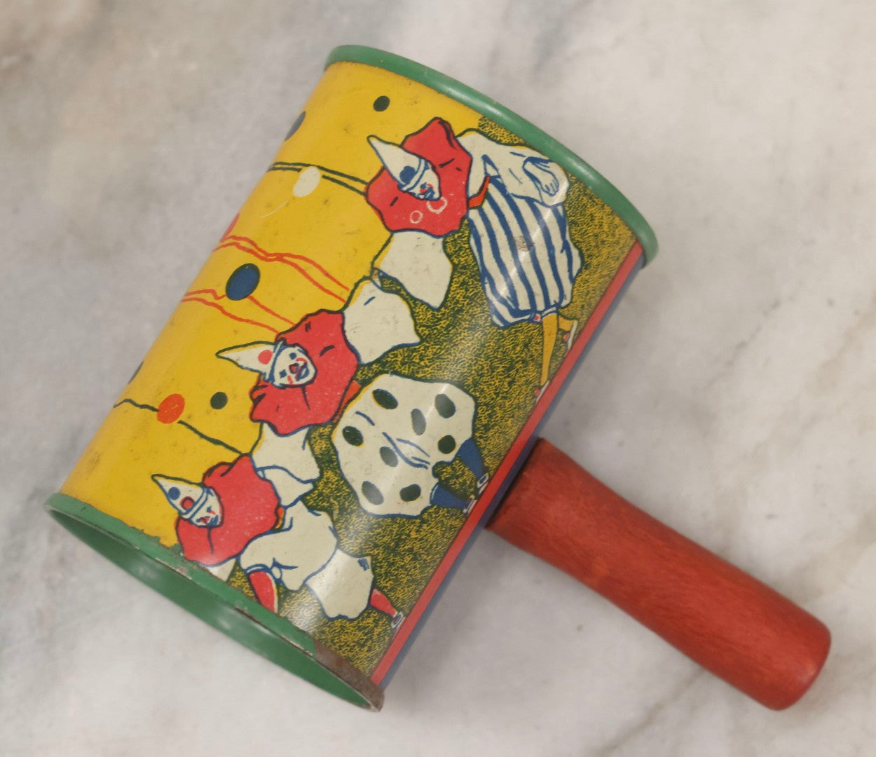 Lot 179 - Grouping Of Seven Vintage And Antique Tin Lithograph Noisemaker Toys Including Dancing Clowns, Woman In Martini Glass, Party Scenes, And Animal Top