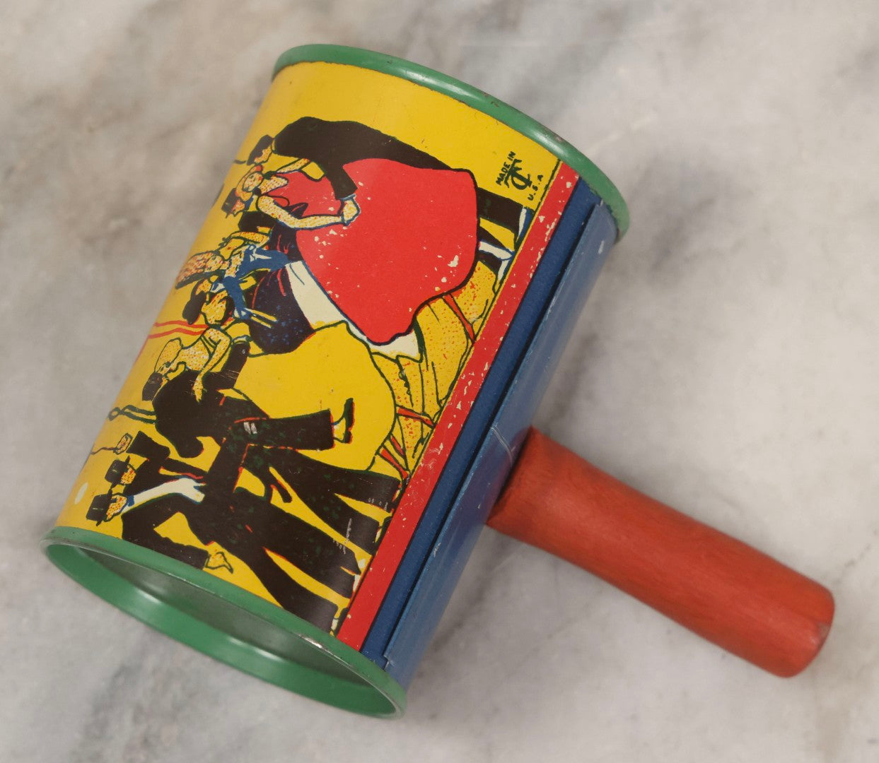 Lot 179 - Grouping Of Seven Vintage And Antique Tin Lithograph Noisemaker Toys Including Dancing Clowns, Woman In Martini Glass, Party Scenes, And Animal Top