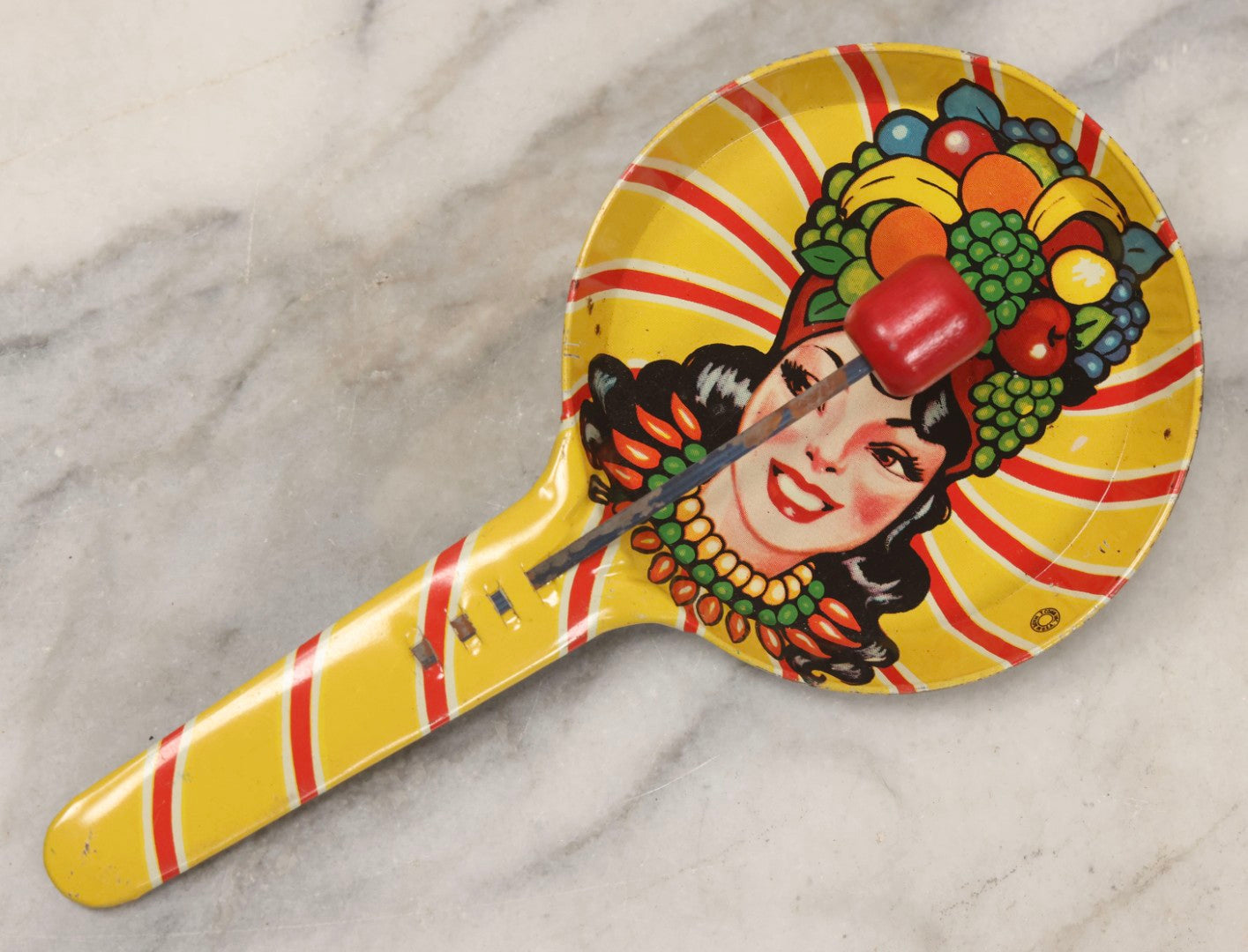 Lot 179 - Grouping Of Seven Vintage And Antique Tin Lithograph Noisemaker Toys Including Dancing Clowns, Woman In Martini Glass, Party Scenes, And Animal Top