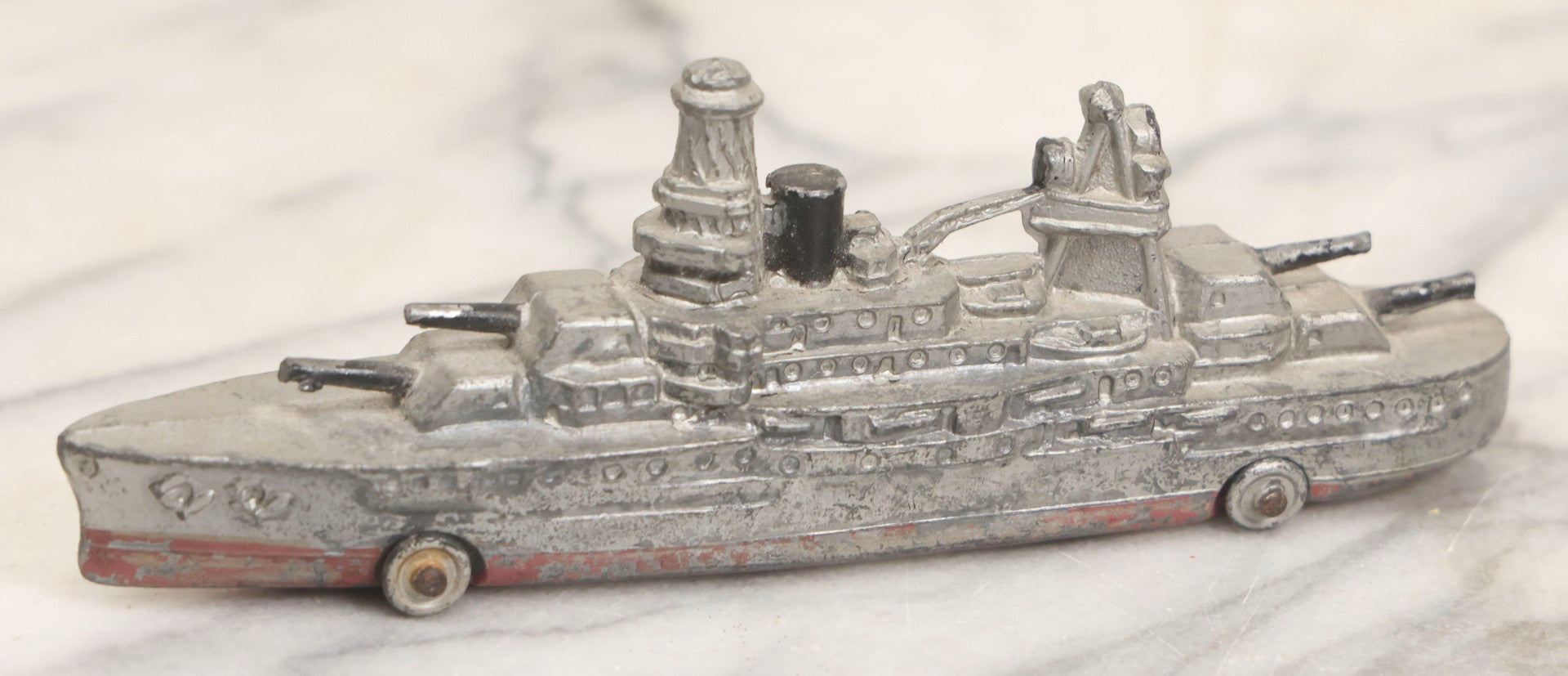 Lot 181 - Pair Of Vintage Metal Toy Vehicles Including "Tootsietoy" Red Car, 3" L, And Battleship, 5-3/4" L