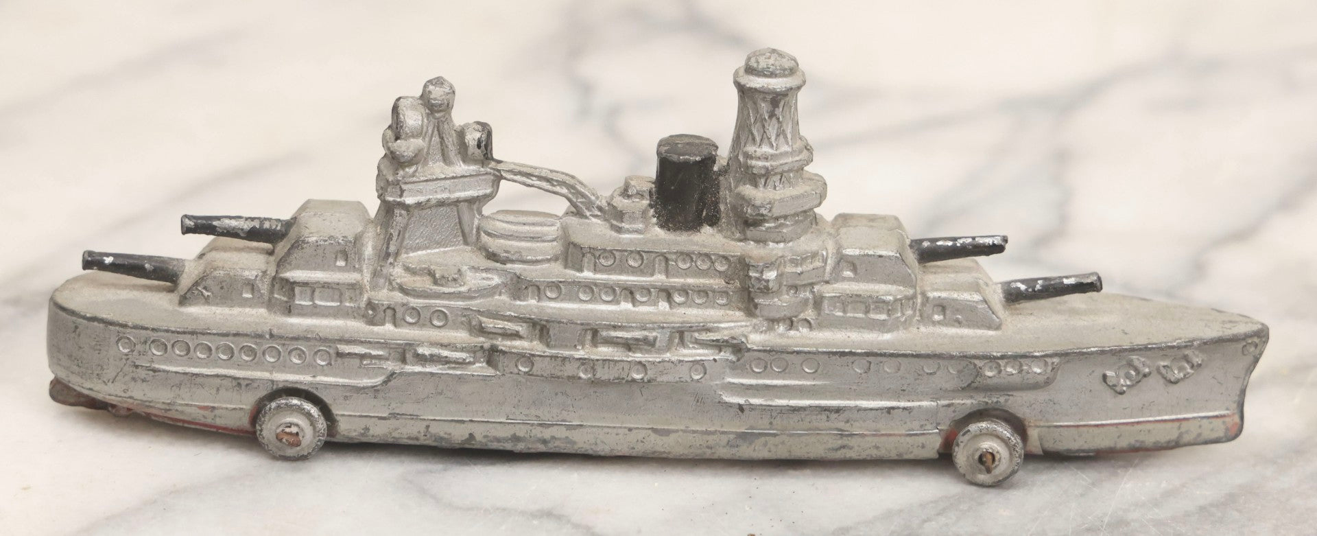 Lot 181 - Pair Of Vintage Metal Toy Vehicles Including "Tootsietoy" Red Car, 3" L, And Battleship, 5-3/4" L