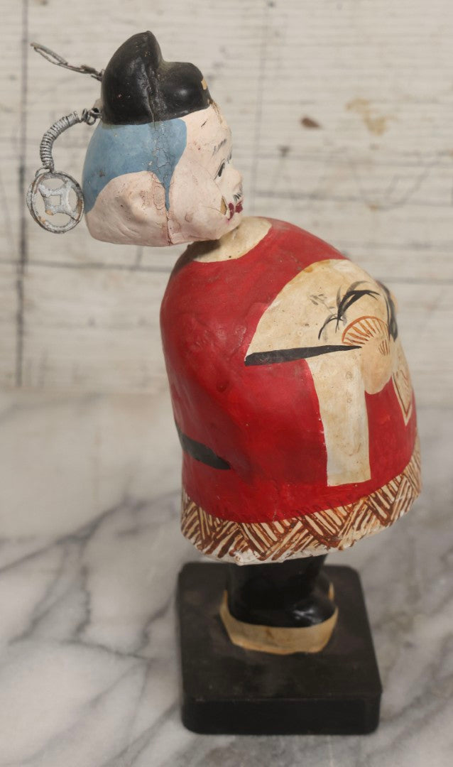 Lot 187 - Vintage Paper Mâché And Wire Figure With Red Jacket, Painted Fan, And Spring Wires On Head, Possibly Oriental Bobblehead Form