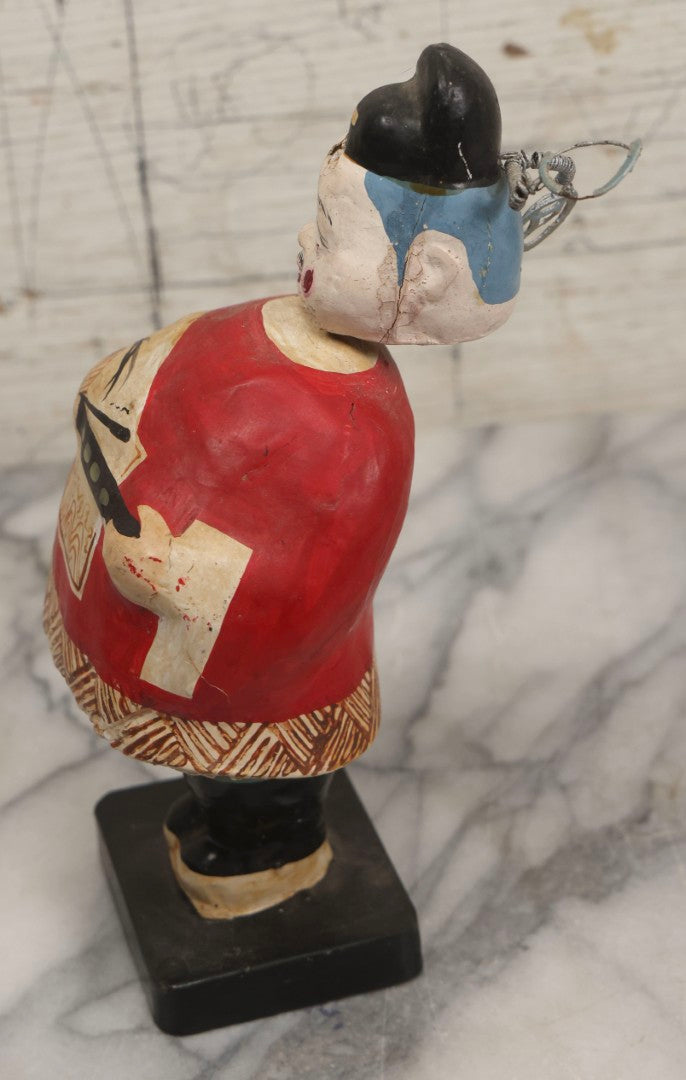 Lot 187 - Vintage Paper Mâché And Wire Figure With Red Jacket, Painted Fan, And Spring Wires On Head, Possibly Oriental Bobblehead Form