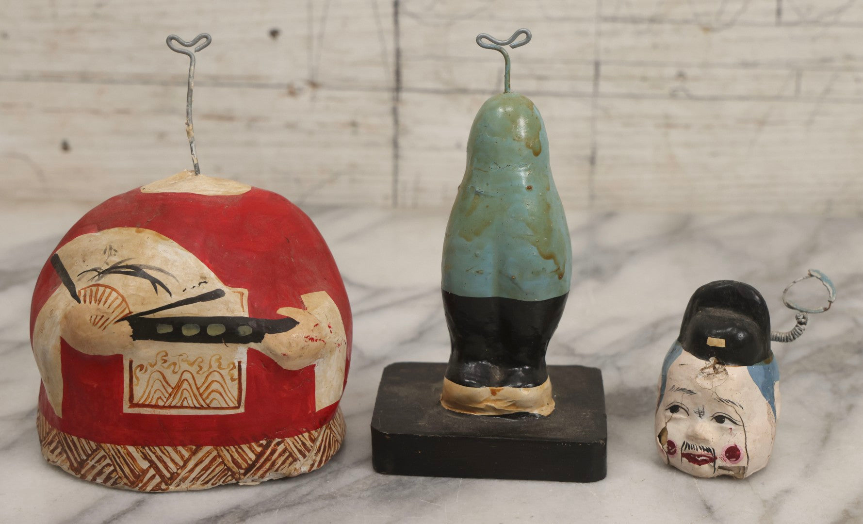 Lot 187 - Vintage Paper Mâché And Wire Figure With Red Jacket, Painted Fan, And Spring Wires On Head, Possibly Oriental Bobblehead Form