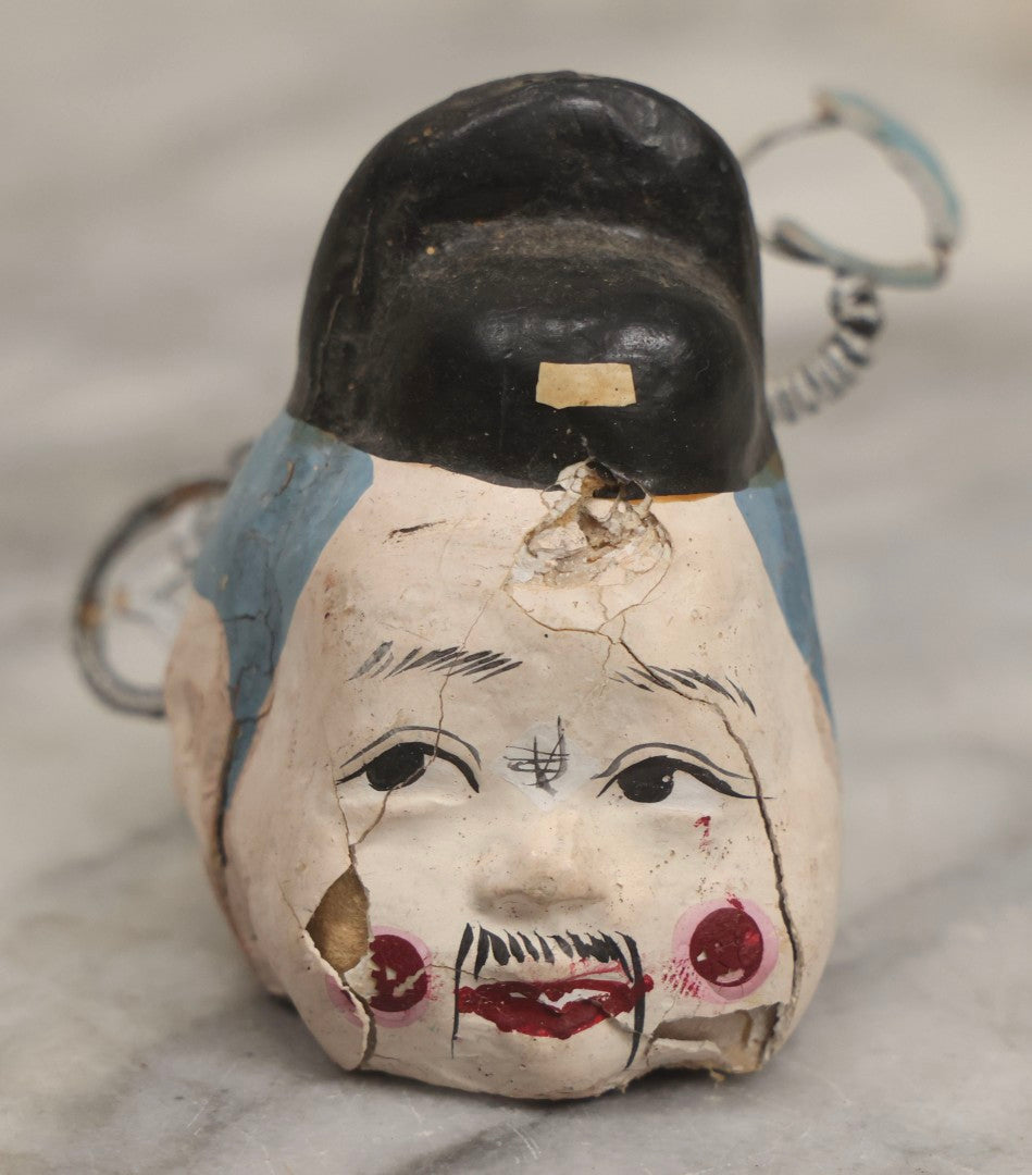 Lot 187 - Vintage Paper Mâché And Wire Figure With Red Jacket, Painted Fan, And Spring Wires On Head, Possibly Oriental Bobblehead Form