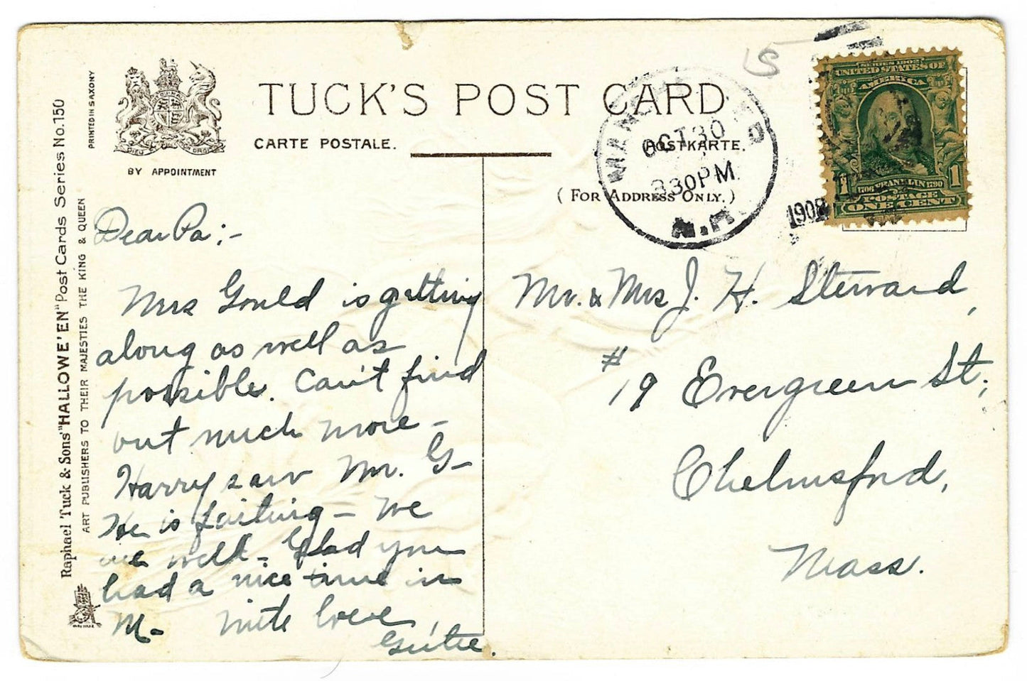 Lot 188 - Antique Embossed Halloween Postcard “Hallowe'en” With Witch Flying On Broom And Black Cat, Raphael Tuck & Sons Series No. 150, Made In Saxony, Postmarked 1908, Written On Verso