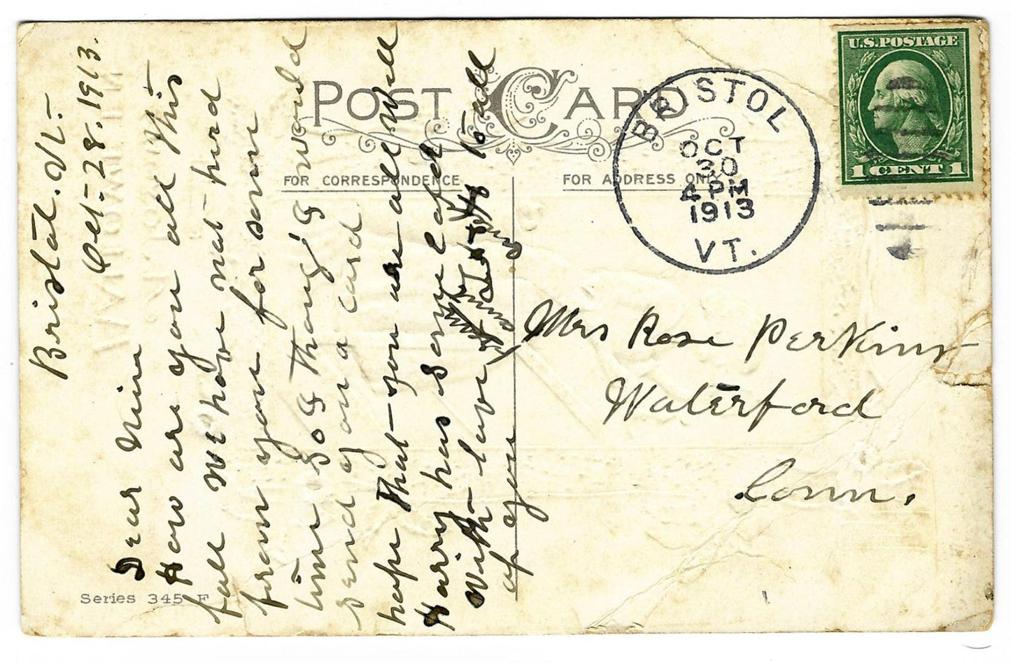 Lot 191 - Antique Embossed Halloween Postcard “A Joyous Hallowe'en” With Woman Gazing In Mirror By Candlelight, Series 345 F, Postmarked 1913 Bristol Vt, Written On Verso