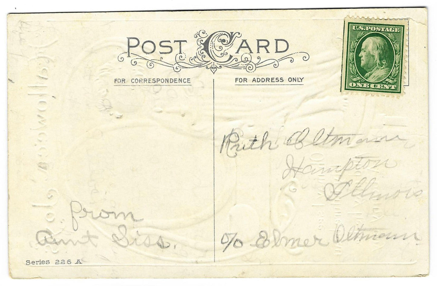 Lot 193 - Antique Embossed Halloween Postcard “Hallowe'en Joys” Girl With Candle And Mirror, S.L. & Co. 1911, Series 226 A, Written On Verso