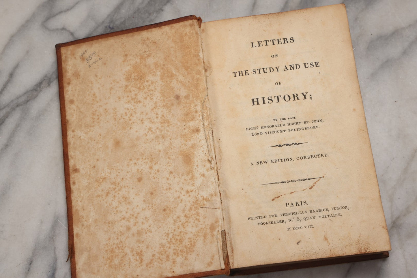 Lot 199 - "Letters On The Study And Use Of History" Antique Philosophy And History Book By Henry St. John, Lord Viscount Bolingbroke, Printed For Theophilus Barrois, Junior, Bookseller, Paris, 1808