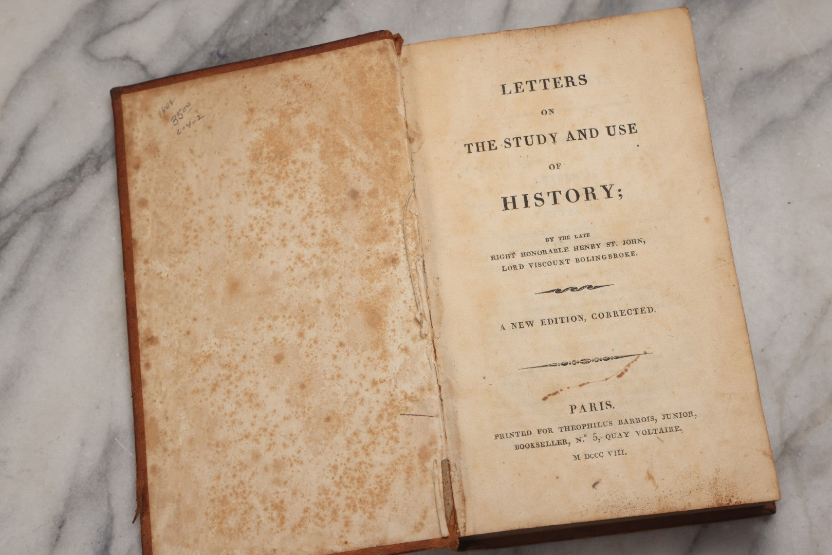 Lot 199 - "Letters On The Study And Use Of History" Antique Philosophy And History Book By Henry St. John, Lord Viscount Bolingbroke, Printed For Theophilus Barrois, Junior, Bookseller, Paris, 1808