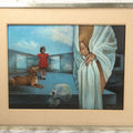 Lot 001 - Vintage Oil On Board Surrealist Painting With Child In Red Dress, Dog, Draped Figure, And Skull, Artist Signed, Antonia Quannuro, 1987, 28-1/2" x 23"