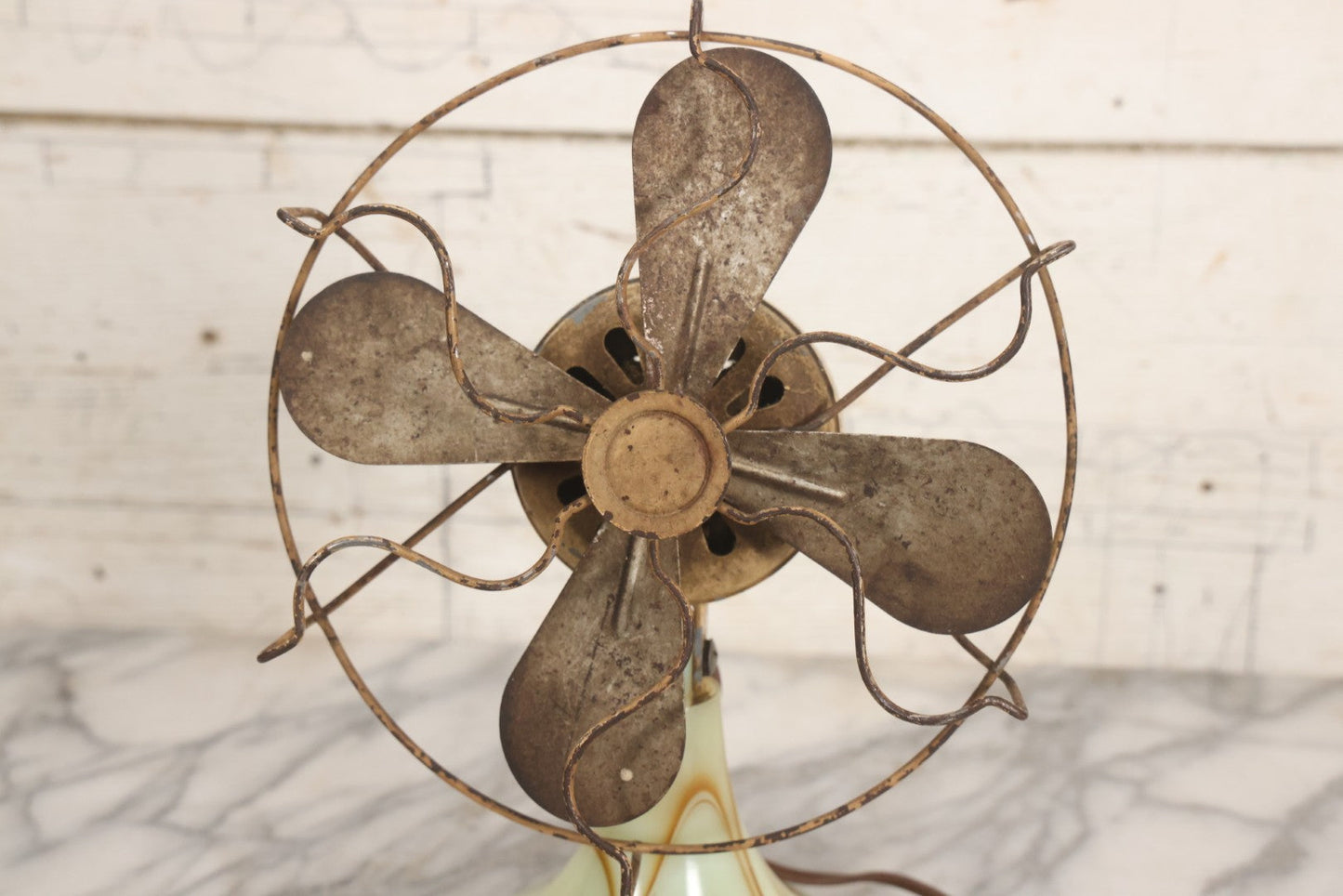 Lot 009 - Vintage Electric Desk Fan With Wavy Wire Cage And Green And Brown Slag Glass Base, Glows Under Black Light, Working Condition, 11-3/4" H