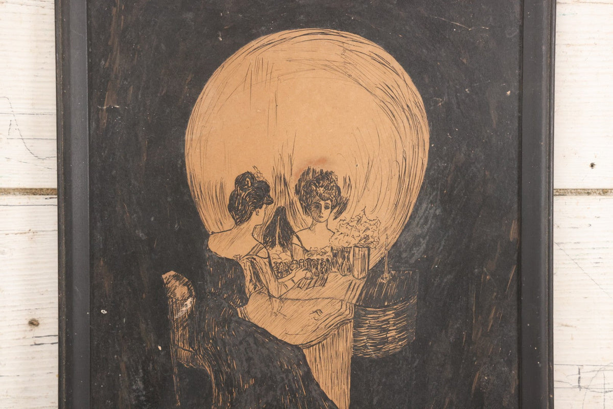 Metamorphic Skull Lot 018 - Antique Pen And Ink Drawing After Charles Allan Gilbert's