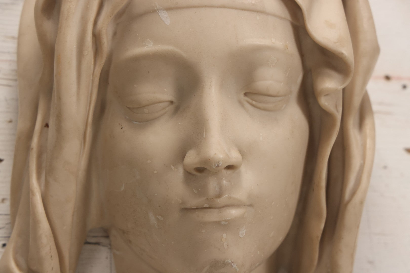 Lot 022 - Vintage Cold Cast Composite Polymer And Marble Wall Sculpture "Head Of The Virgin," Authorized Reproduction Of Michelangelo's Pietà By The Metropolitan Museum Of Art And Vatican Museums, Note Chip To Veil, 13-1/4" H