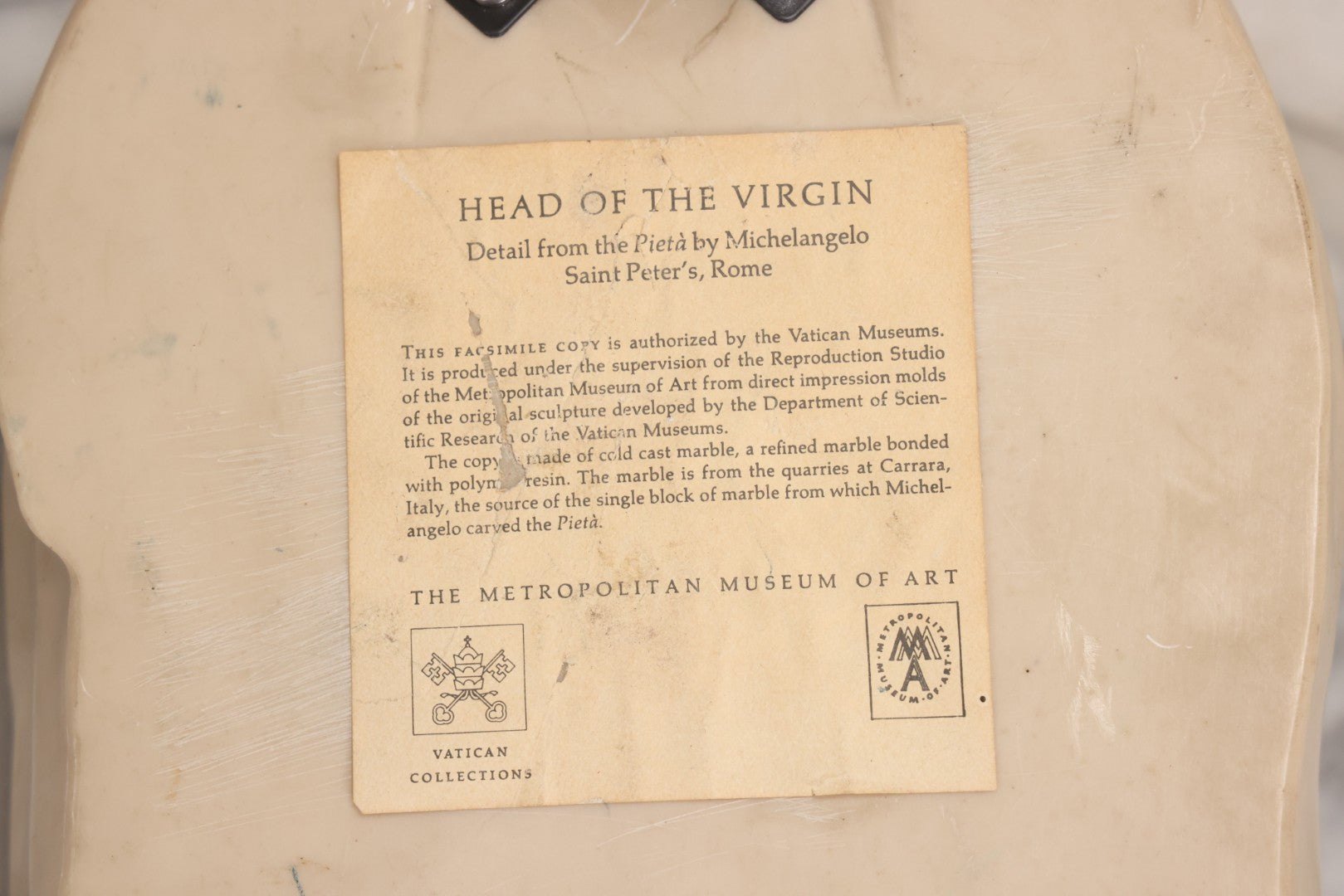 Lot 022 - Vintage Cold Cast Composite Polymer And Marble Wall Sculpture "Head Of The Virgin," Authorized Reproduction Of Michelangelo's Pietà By The Metropolitan Museum Of Art And Vatican Museums, Note Chip To Veil, 13-1/4" H
