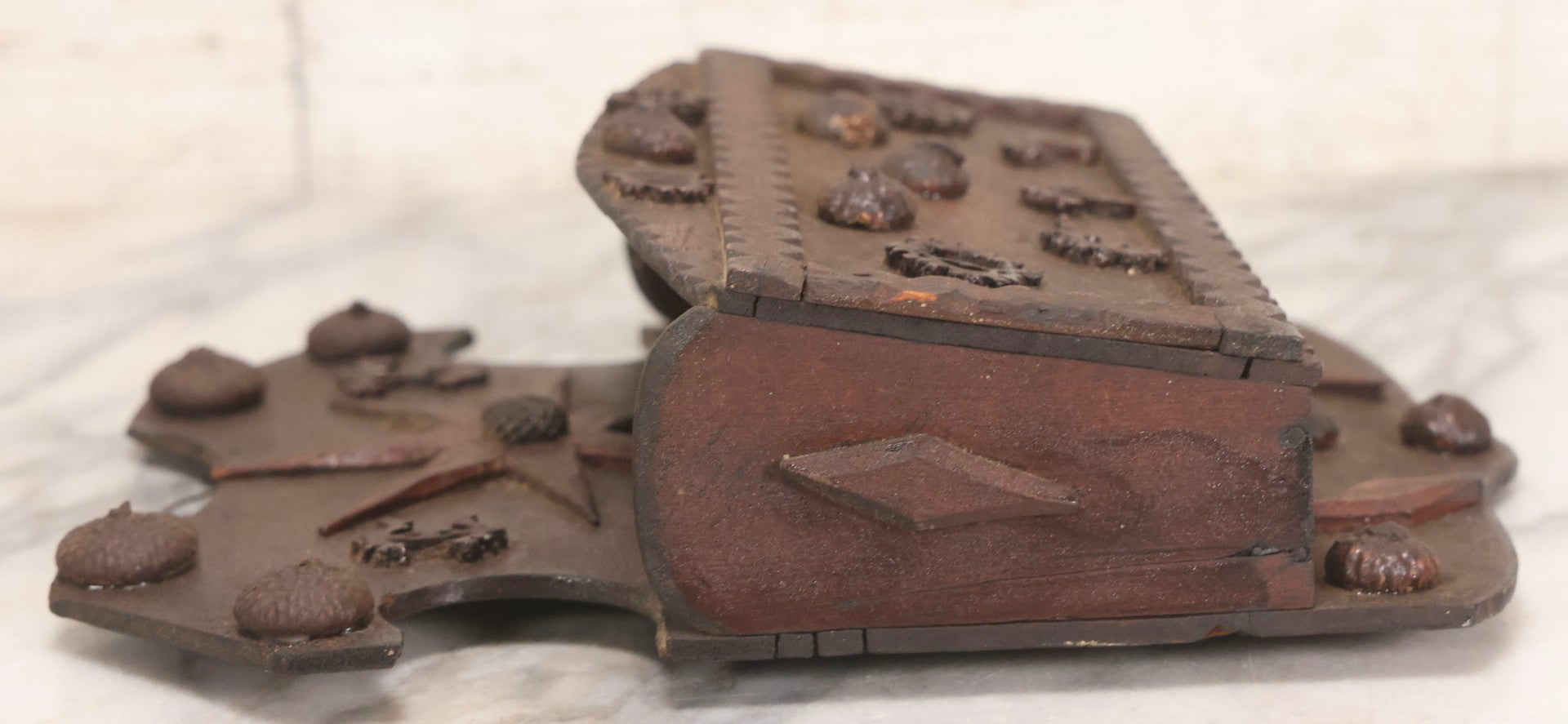 Lot 023 - Antique Folk Art Carved Wood Wall Box With Applied Walnut Shell Decoration, 9-3/4" x 7-3/4"