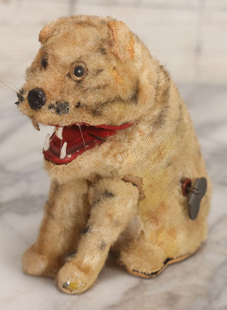 Lot 039 - Vintage Windup Mechanical Tiger Toy With Fur Covering And Exposed Tin Mechanism, 5" H