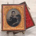 Lot 046 - Antique 1/6th Plate Ruby Ambrotype Photograph Of Pretty Young Girl In Off-Shoulder Dress With Jewelry, Posed Resting Hand Against Head, In Full Split Leatherette Union Case