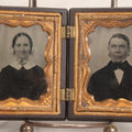 Lot 050 - Pair Of Antique 1/9th Plate Ruby Ambrotype Photographs Of Elderly Married Couple In Littlefield, Parsons & Co. Double Thermoplastic Union Case, Patented 1856–1857, With Herald Design