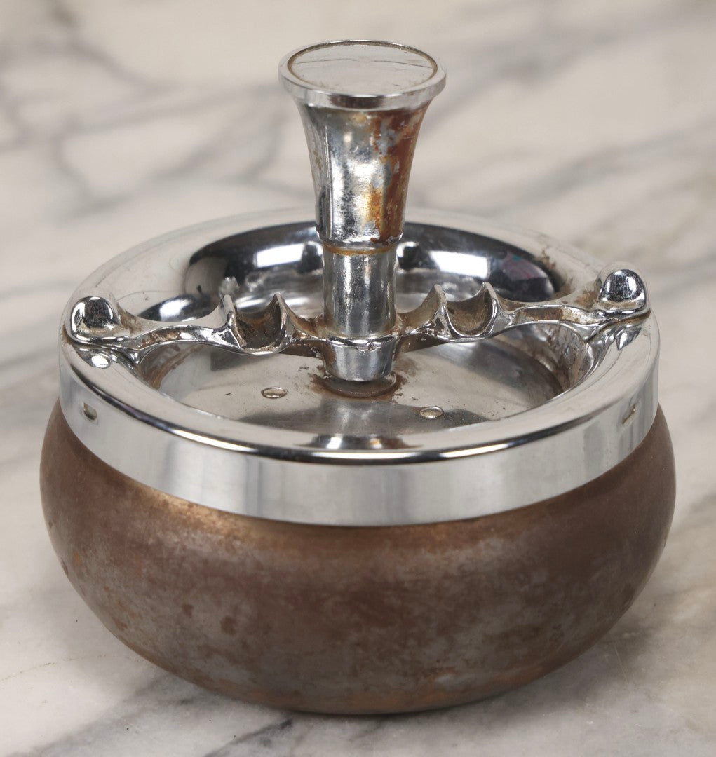 Lot 092 - Vintage Chrome-Topped Spinning Ashtray With Central Push Mechanism And Tin Bulbous Base, Likely Made In Japan, Circa 1960s 4" H