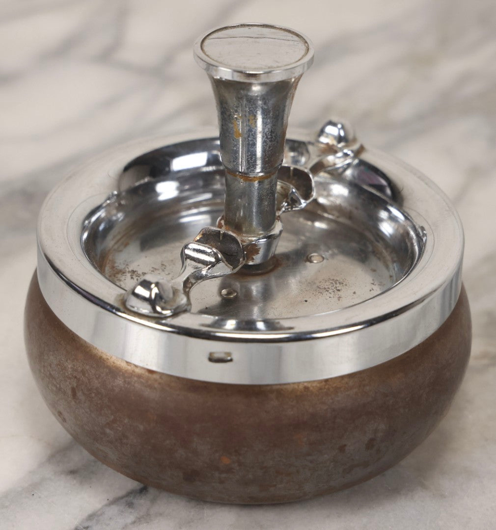 Lot 092 - Vintage Chrome-Topped Spinning Ashtray With Central Push Mechanism And Tin Bulbous Base, Likely Made In Japan, Circa 1960s 4" H